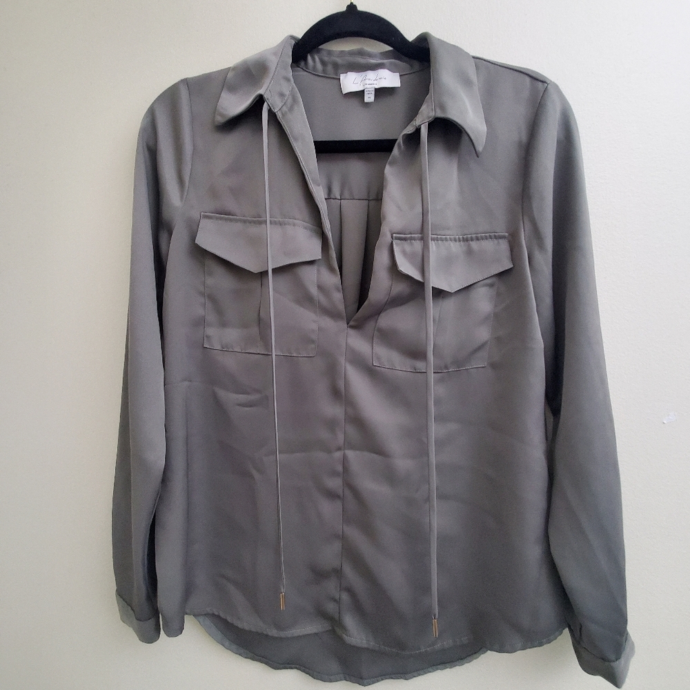 L'academie Womens Long Sleeve Satin Feel Blouse Olive Green Size XS
